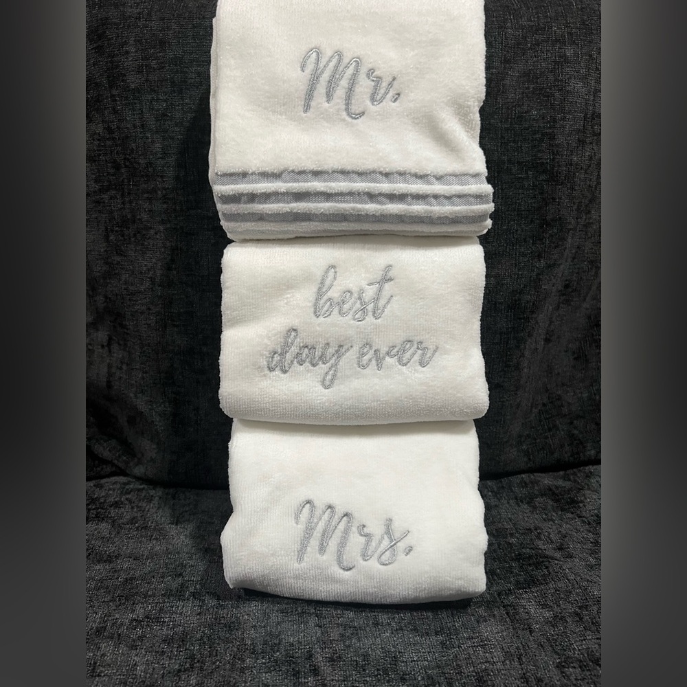 Sonoma White Hand Towels with Gray Embroidery Mr. & Mrs., Wedding Gift